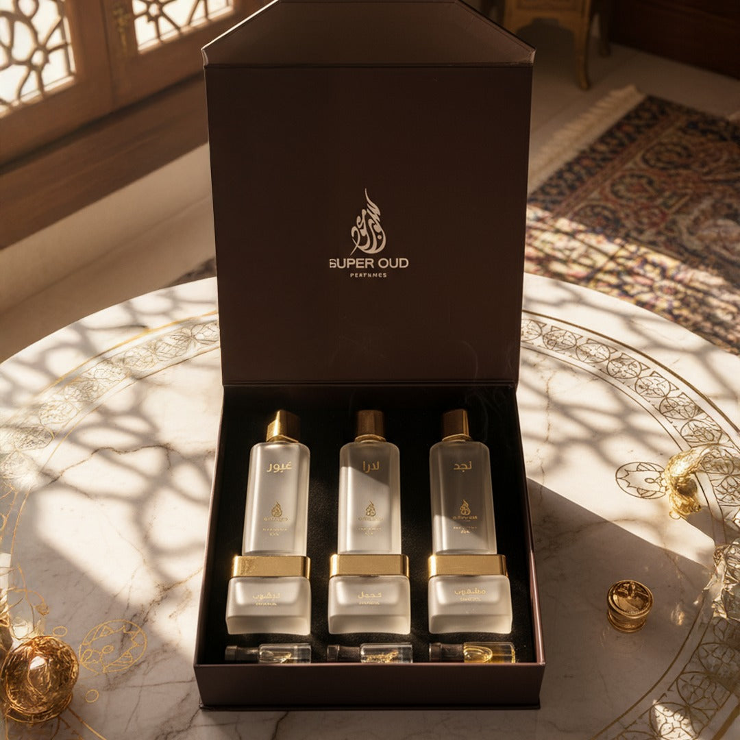 عبور – لارا – لاجد (مجموعة من ٣ عطور فاخرة) | سوبر عود - علبة هدايا فاخرة